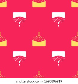 Yellow Easter cake and candle icon isolated seamless pattern on red background. Happy Easter.  Vector Illustration