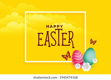 yellow easter card with eggs butterfly and flowers