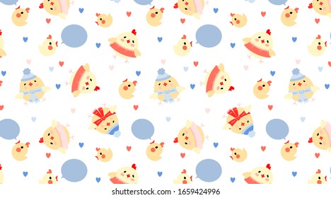 Yellow easter chicks cheep illustrated pattern. Chicks wearing hats and scarves. Small hearts. Speech bubble with text. Nursery, kid clothing, stationery, wrapping design. Chick seamless pattern.
