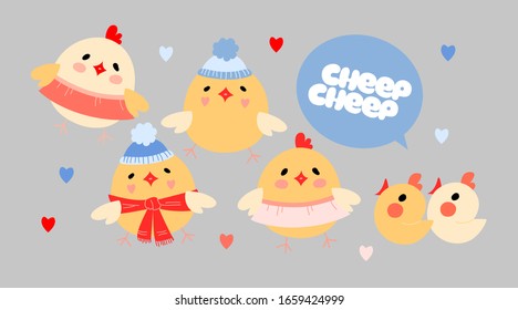 Yellow easter chicks cheep cheep illustration. Chicks wearing hats and scarves. Small hearts. Speech bubble with text. Nursery, kid clothing, stationery, wrapping design. Baby chicken. Red and blue.