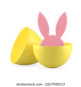 Yellow Easter egg container with hiding bunny long ears festive design 3d icon realistic vector illustration. Rabbit head in eggshell premium decorative element holiday pack art present front view