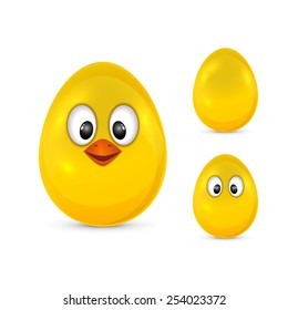 Yellow Easter egg with eyes and beak isolated on white background, illustration