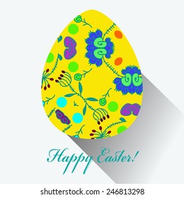 Yellow Easter egg with floral ornaments, text  on a  white  background. Hand drawn. 