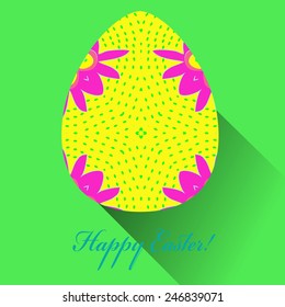 Yellow Easter egg with floral ornaments, text  on a green   background. Hand drawn. 