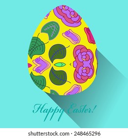 Yellow Easter egg with floral ornaments, text  on an azure    background. Hand drawn. 