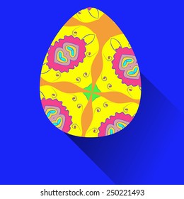 Yellow Easter egg with floral ornaments on a  blue  background. Hand drawn. 