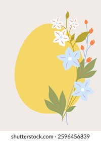 Yellow Easter egg with nice flowers on a beige background. Easter greeting background.