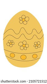 Yellow easter egg with ornaments. Simple bright egg shape with flowers and curves. Easter themed element for egg hunt