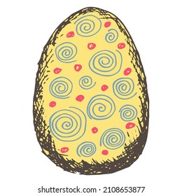Yellow Easter egg painted with a geometric pattern with spiral and dots. Hand-drawn color vector illustration isolated on transparent background