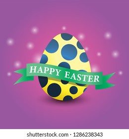 Yellow Easter egg with spotted pattern on gradient purple background with happy Easter inscription on green ribbon-vector illustration