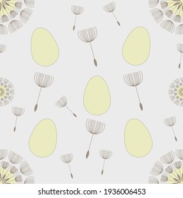 Yellow Easter eggs, dandelion puff balls and flying seeds seamless pattern