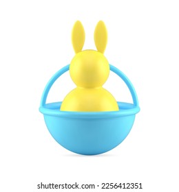 Yellow Easter rabbit in blue basket religious holiday greeting decor element 3d icon realistic vector illustration. Minimalist bunny hare animal character with long ears decorative figure celebration