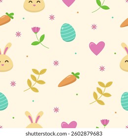 Yellow Easter seamless pattern template illustration with heart, leaves, rabbit, carrot, and egg in colorful design