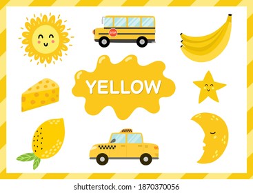 Yellow. Educational worksheet for kids. Learning the color yellow set. Activity page with main color for toddlers. Vector illustration