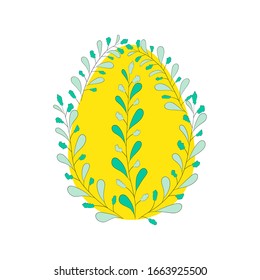 Yellow egg with floral twigs on a white background. Vector element for design. Happy Easter. 