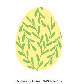 Yellow egg with green branches and leaves, Easter holiday design element, vector
