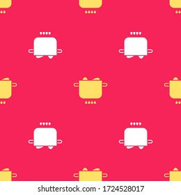 Yellow Egg in hot pot icon isolated seamless pattern on red background. Boiled egg. Happy Easter.  Vector Illustration
