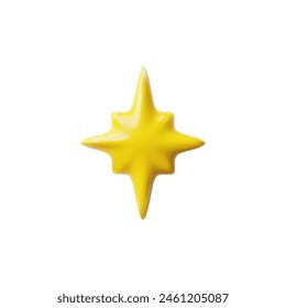 Yellow eight pointed star realistic 3D icon. Glossy badge, golden award tag, asymmetrical star volume label. UI app game interface achievement. Vector decoration design element isolated