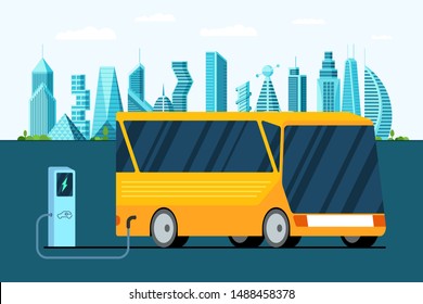 Yellow electric bus at refuelling power charging station on future city. Modern hybrid futuristic vehicle technology and eco public transport environment care. Electricity vector illustration