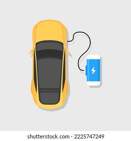 Yellow electric car charging at the charger station. Top view of an EV car charging on white background. vector