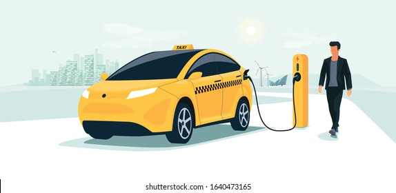 Yellow electric car taxi charging on charger station with taxi driver and city skyline. Shared battery EV vehicle plugged getting electricity from renewable power generations solar panel wind turbine.