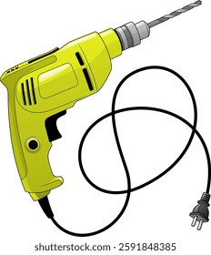 a yellow electric drill with a black power cord and plug, featuring a drill bit attached at the front, commonly used for drilling holes in various materials