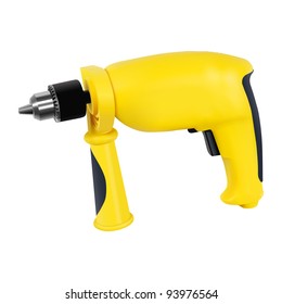 Yellow electric drill with handle isolated on white background