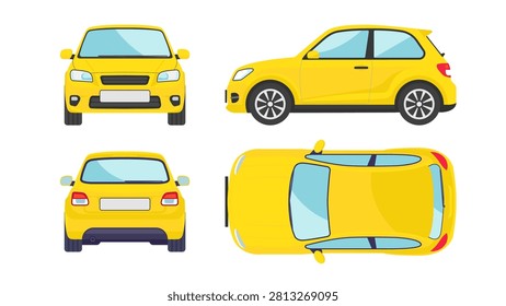 Yellow Electric Hatchback Car Vector Illustration with Front, Side, Rear and Top View for EV Transportation, Automotive Design and Vehicle Template