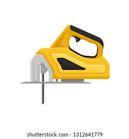 Yellow electric jigsaw with steel sharp blade. Power tool for woodwork. Building instrument. Flat vector icon