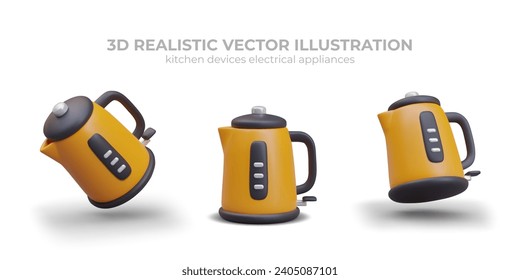 Yellow electric kettle in different positions. Device for heating water. Concept of making hot drinks. Home and office kitchen equipment. Image with shadows