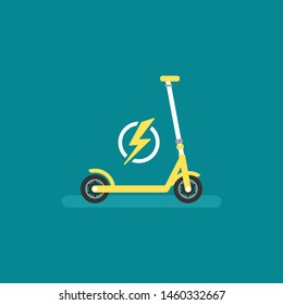 Yellow electric kick scooter or balance bike with lightning bolt icon. Flat push scooter isolated on blue. Vector charge illustration. Eco transport symbol. Healthy journey. Ecology.  Hipster. 