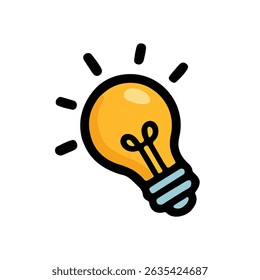 Yellow electric light bulb with light rays doodle icon flat vector design