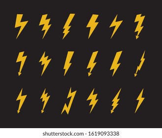 Yellow electric lightning bolt icon set isolated on black background - electricity power symbol collection of thunderbolt and arrow shapes. Flat vector illustration.