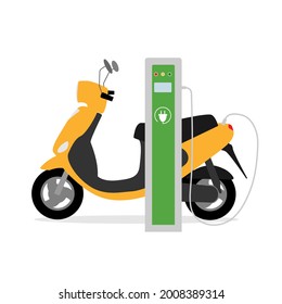 Yellow electric scooter charging. Moped in flat style. Two-wheeled automobile. Eco friendly urban vehicle. . Vector illustration