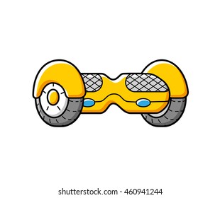 Yellow electric self balancing two wheeled gyro scooter or hoverboard, icon isolated.