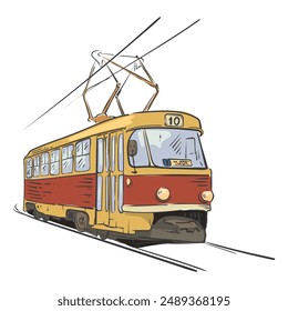 A yellow electric tram on a city street rides on rails. The old town where trams still run. Vector drawing as if drawn from a painting.