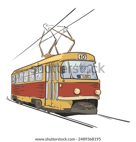 A yellow electric tram on a city street rides on rails. The old town where trams still run. Vector drawing as if drawn from a painting.