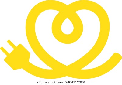 Yellow electrical cord in the shape of a heart, power plug