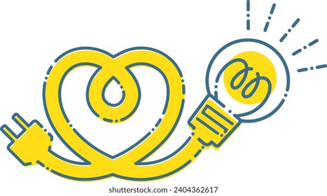 Yellow electrical cord in the shape of a heart, power plug and light bulb