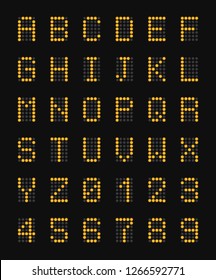 Yellow electronic capital letters of alphabet on black airport board realistic composition and numbers vector illustration