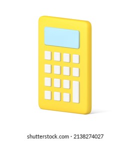 Yellow electronic counting machine device with display and white buttons 3d icon isometric vector illustration. Modern calculator badge for accounting mathematics isolated. Financial calculate numbers