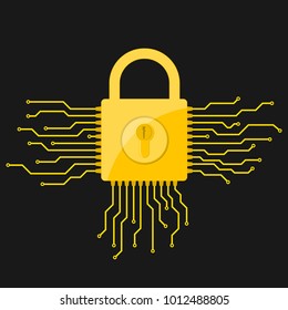 Yellow electronic lock icon in flat design. Vector illustration. Information security concept, on black background