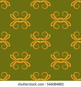 Yellow elements on a green background. Abstract ornament with interlacing. Seamless pattern.  Repeating texture.