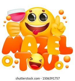 Yellow emoji 3d cartoon character with cup of wine. Mazel Tov. Vector illustration