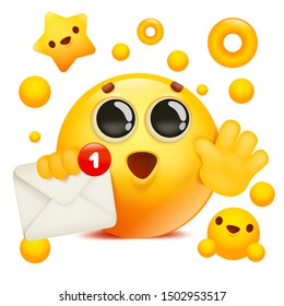 yellow emoji 3d smile face cartoon character holding envelope. New message emoticon card. Vector illustration