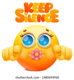 Yellow emoji cartoon character with flower in mouth. Keep silence sign. Vector illustration