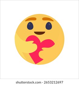Yellow emoji character hugging red heart. Flat vector illustration for Valentine, love, emotion, and care themes. Suitable for greeting card, sticker, and social media design.

