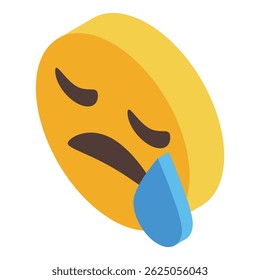 Yellow emoji with closed eyes shedding a tear expressing sadness and disappointment in isometric view