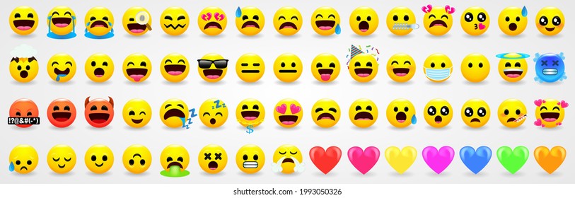 Yellow emoji. Emotional faces, Set of different smile, joyful and sad, kind and evil. Set 60