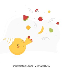 Yellow emoji face blowing party horn, exploding party popper with fruits and confetti. Wearing birthday  hat.
Cute vector illustration to celebrate World Fruit Day
